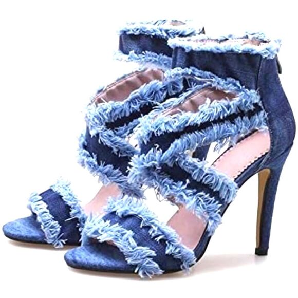 Zaixo shredded denim back zipper 4" high heels, worn once, size 40 (US 8.5) - Picture 1 of 10
